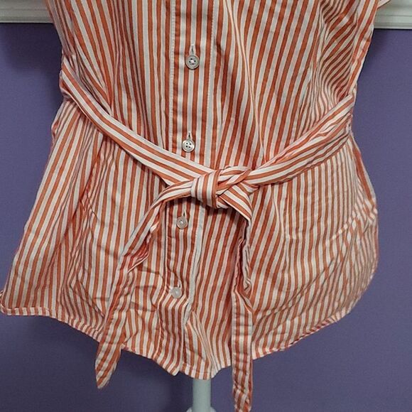 Talbots Pink & White Stripes Tie Waist Casual Coastal Grandma Button Front Top - Picture 4 of 10